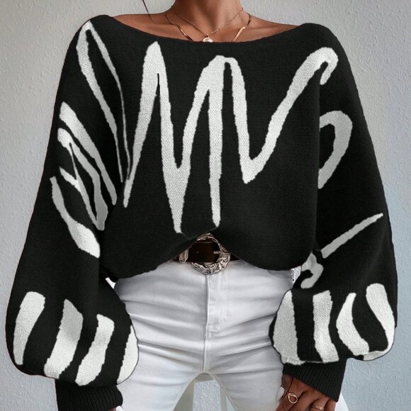 black white Casual Women's Striped Pattern Batwing Sleeve Loose Pullover Sweater - Picture 6 of 7